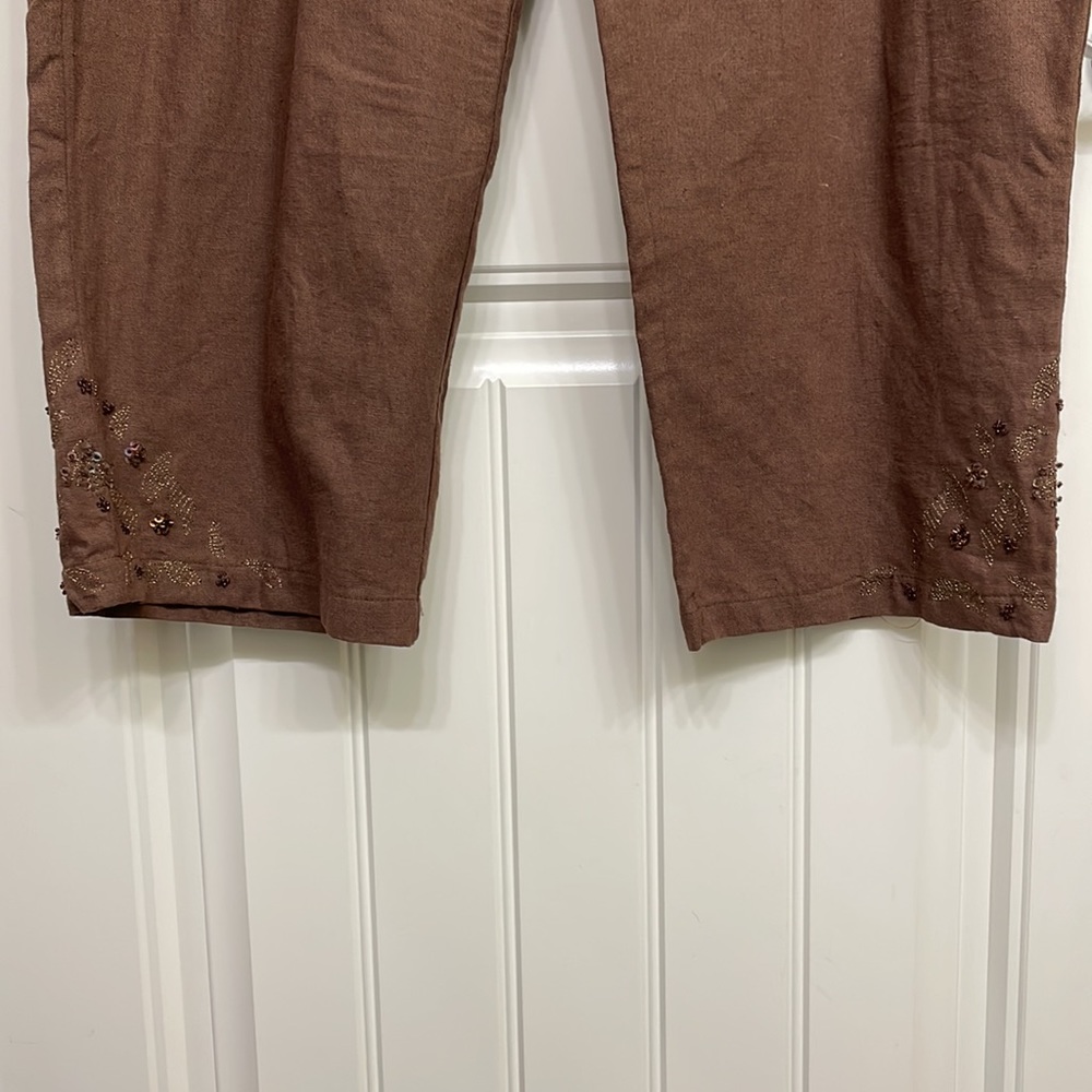 Selene Sport drawstring Pants brown XL Wide Leg bead design linen blend - Picture 4 of 6